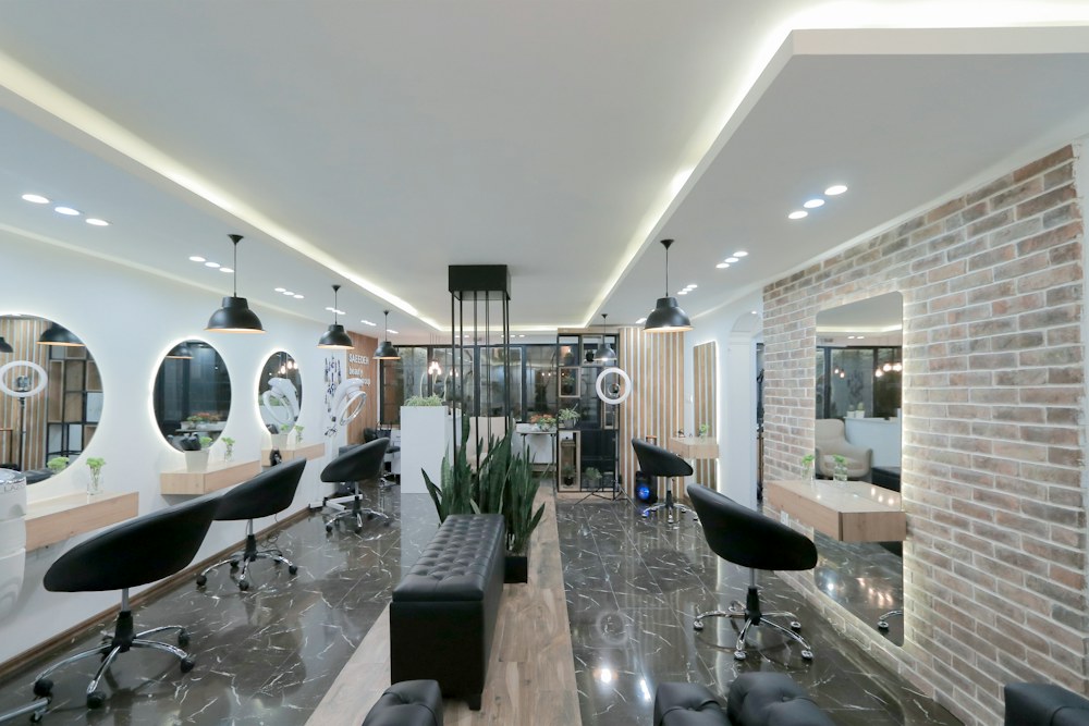 Modern salon interior with styling stations